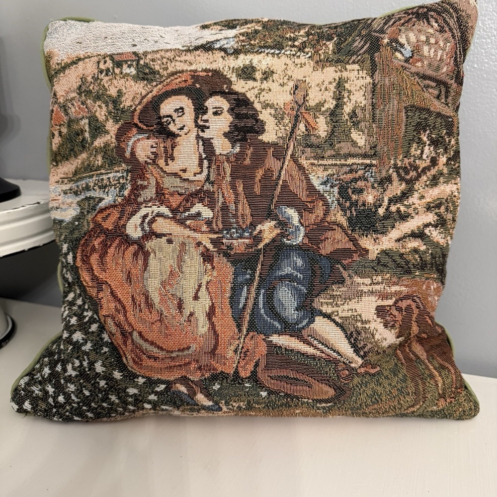 French Belgium Tapestry Style‎ Pillow Romantic Young Lovers 15x15" Zip Cover